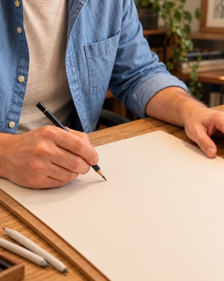 Close view of me preparing to draw on a blank sheet at my studio desk