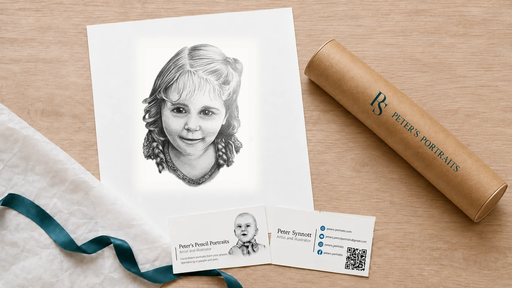 Completed Elsie portrait with my business cards, tissue, ribbon and branded protective presentation tube