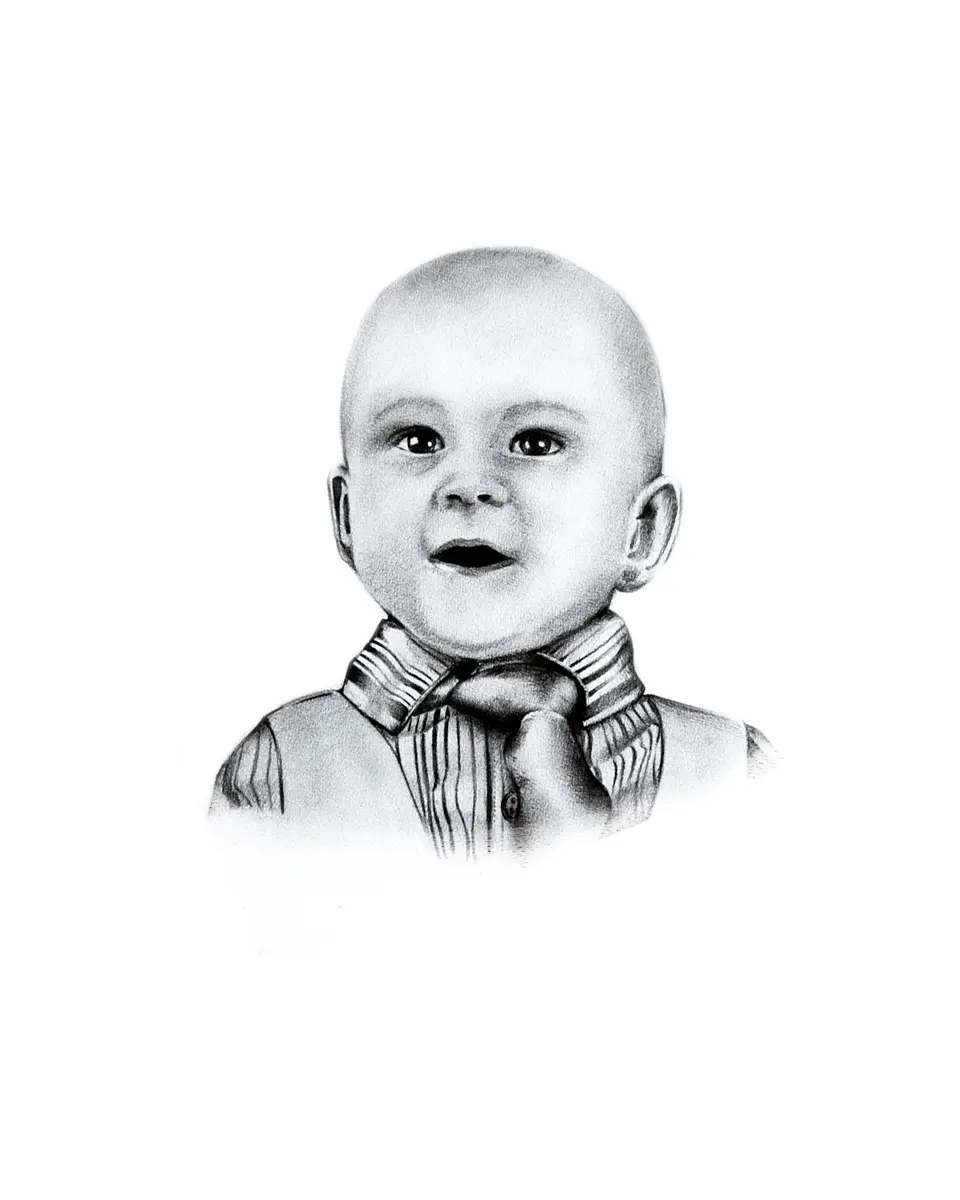Graphite portrait of Connor as a baby wearing a tie