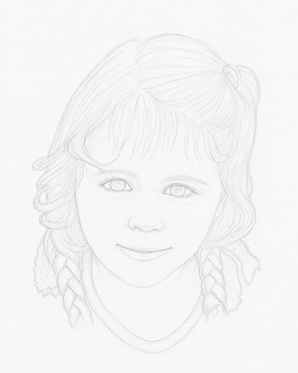 Light graphite outline establishing the shape and proportions of Elsie's portrait