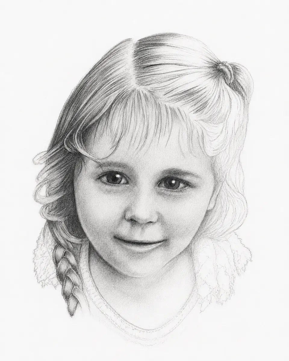 Developing graphite portrait of Elsie with facial shading and hair detail underway