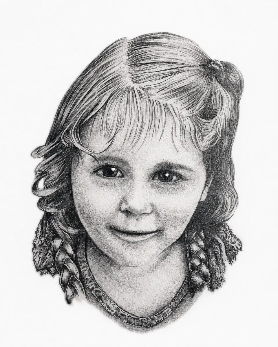 Completed glare-free graphite portrait of Elsie with fine hair, clothing and facial details
